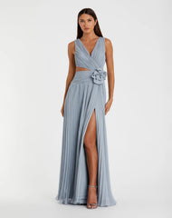 Blue Ruched Chiffon Sleeveless Gown With 3D Flower