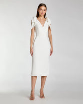 White Sleeveless Crepe Midi Dress with Bow Straps