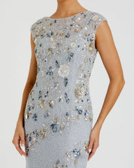 Light Blue Floral Embellished Cap Sleeve Column Gown