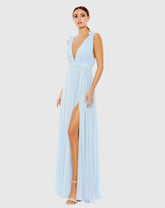 Blue Sleeveless Pleated Chiffon V-Neck Gown