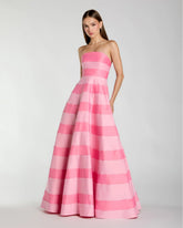 Pink Striped Strapless Satin Ballgown With Pockets