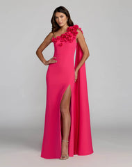 Pink One Shoulder 3D Floral Cape Gown