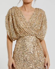 Gold Sequin Draped Sleeve V-Neck Gown