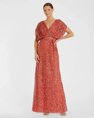 Red Sequin Draped Sleeve V-Neck Gown