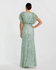 Green Sequin Draped Sleeve V-Neck Gown