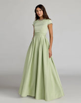 Green Embellished Satin Cap Sleeve Ball Gown