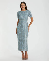 High Neck Short Sleeve Crystal Fringe Sheath Dress