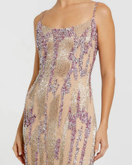 Beige Spaghetti Strap Beaded Column Gown