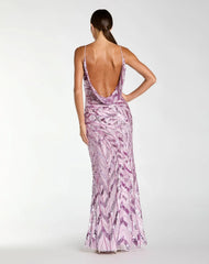 Purple Sleeveless Cowl Back Embellished Gown