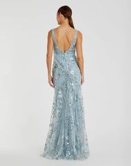 Blue Embellished Sleeveless Plunge Neck Gown