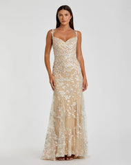 Beige Floral Embroidered Tulle Trumpet Gown - FINAL SALE