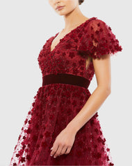 Red Embellished Butterfly Sleeve Velvet Hem Midi Dress