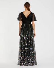 Black Embroidered Butterfly Sleeve Empire Waist Dress