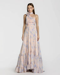 Asymmetrical Ruffled Halter Floral Gown