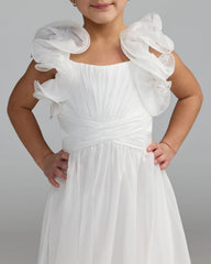 Girls White Chiffon Ruffle Shoulder Long Dress
