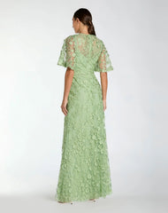 Green Flutter Sleeve Floral Embroidered Net Gown