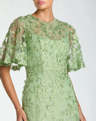 Green Flutter Sleeve Floral Embroidered Net Gown