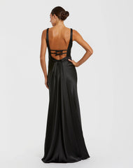 Black Sleeveless V Neck Satin Gown With Bow Details