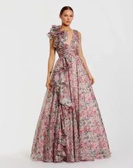 Ruffle Shoulder V-Neck Chiffon Gown