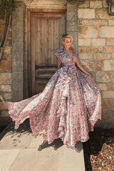 Pink Sleeveless V-Neck Floral Chiffon Ruffle Ball Gown
