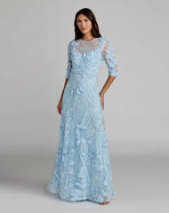 High Neck Embellished Lace Gown with 3/4 Sleeves