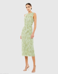 Green Abstract Beaded Sleeveless Midi Sheath Dress
