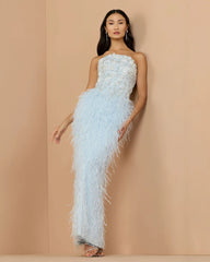 Blue Embellished Strapless Feather Gown