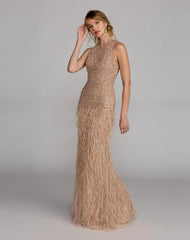 Beige Embellished Lace Sleeveless Feather Gown