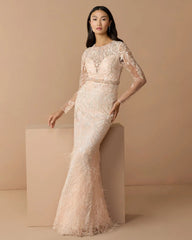 Pink Embroidered Long Sleeve Gown With Feather Hem