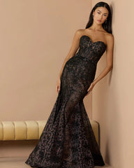 Black Embellished Lace Strapless Trumpet Gown