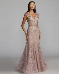Pink Embellished Lace Illusion Neck Gown With 3D Flowers