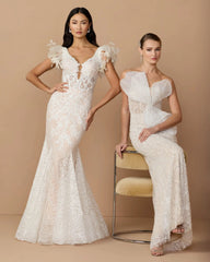 Ivory Embroidered Lace Mermaid Gown With Feather Sleeves