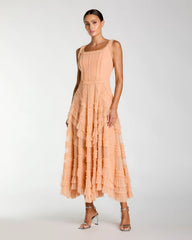 Scoop Neck Sleeveless A-Line Ruffle Midi Dress