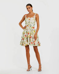 Ivory Floral Square Neck Ruffle Mini Dress