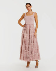 Micro Ruffle Sleeveless Scoop Neck Maxi Dress