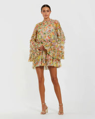 Printed Mesh Ruffle High Neck Mini Dress