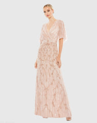 Embellished Cap Sleeve Faux Wrap Trumpet Gown