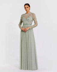 Embellished Illusion High Neck Long Sleeve Gown