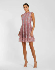 Pink Sleeveless High Neck Embroidered Mini Dress