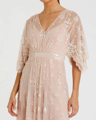 Pink V Neck Flounce Sleeve Embellished Mesh Gown