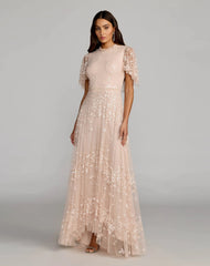Sequined High Neck Flutter Sleeve A Line Gown