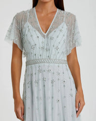 Blue V Neck Embellished Flutter Sleeve A Line Gown - FINAL SALE