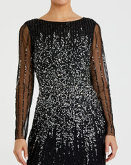 Black Boat Neck Sequin Embellished Long Sleeve A Line Gown
