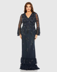 Navy V-neck Embellished Long Sleeve Gown - FINAL SALE