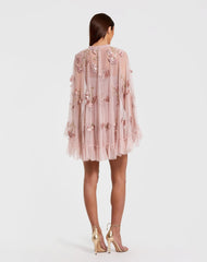 Pink Embellished Long Sleeve Trapeze Dress with Ruffle Hem