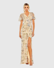 Flutter Sleeve Embellished Evening Gown
