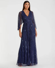Navy Beaded Striping Kimono Sleeve V Neck Gown - FINAL SALE