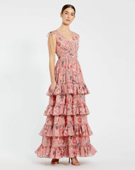 Pink Drawstring Shoulder Chiffon Tiered Floral Dress