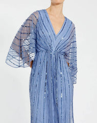 Blue Beaded Kimono V-Neck Empire Midi Dress