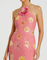 Pink Floral Beaded Halter Gown With 3D Flower